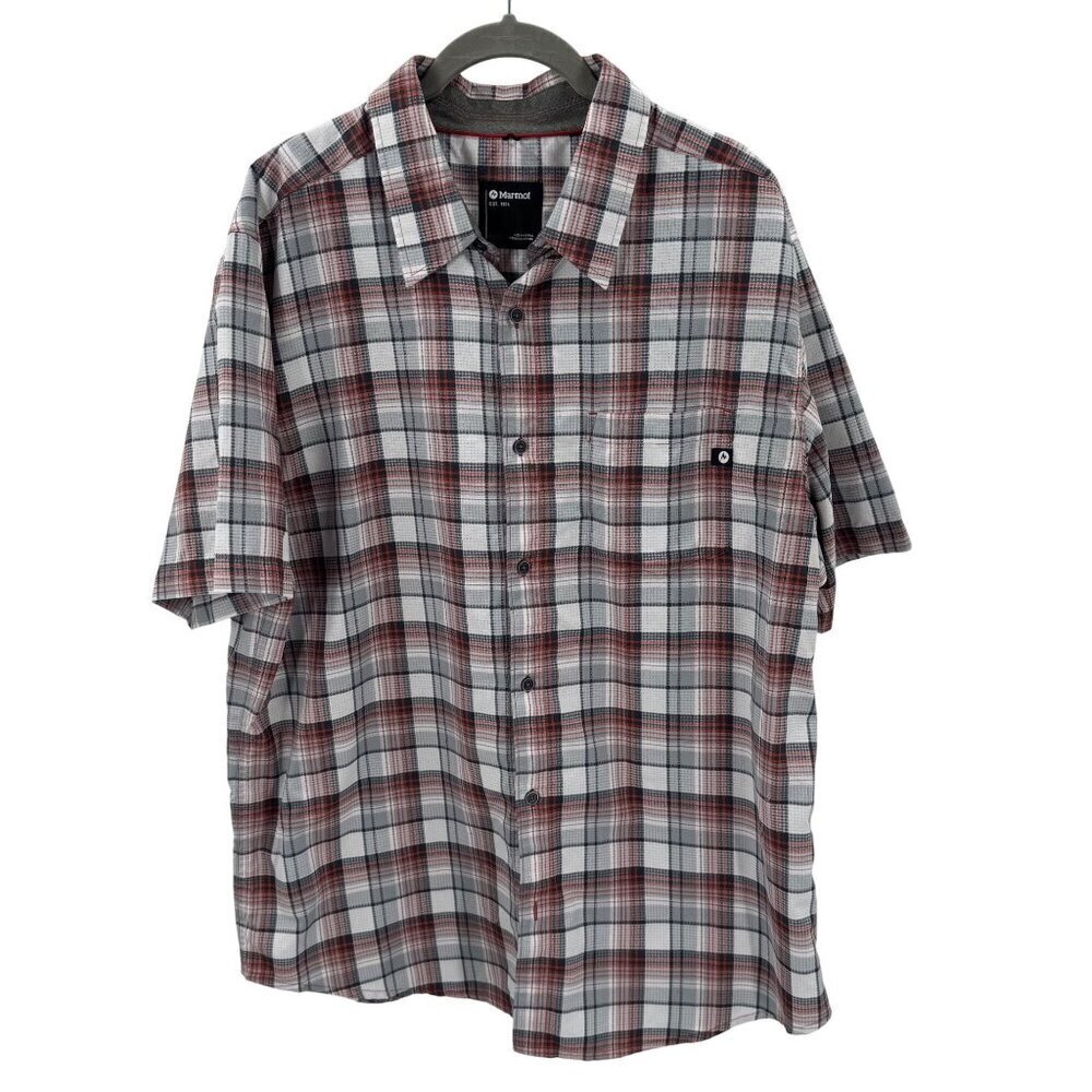 Marmot Grey Plaid Button-Up Short Sleeve Shirt Mens XL Lightweight Casual Wear